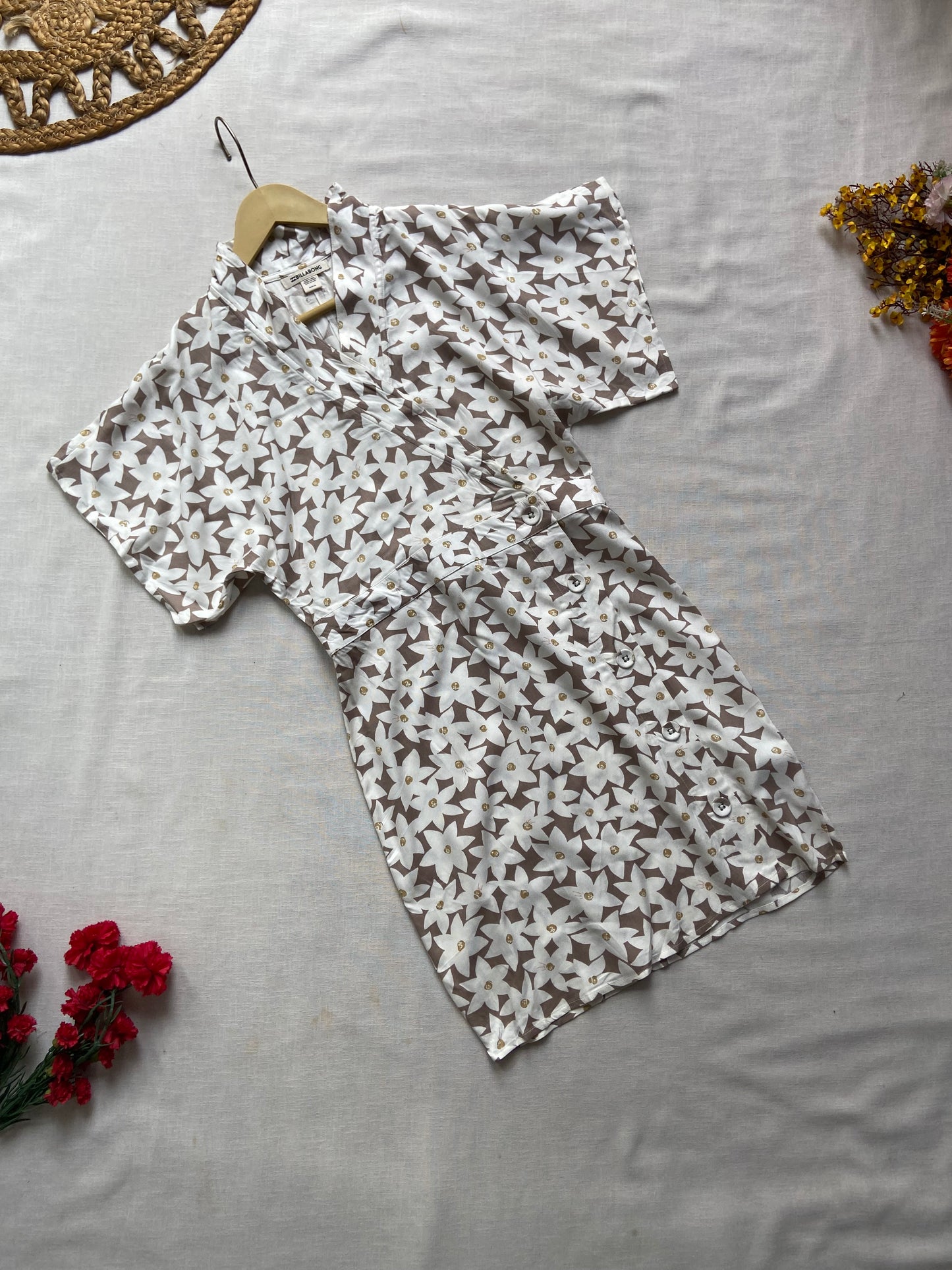 White And Beige Floral Wrap Style Mini Dress