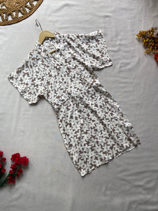 White And Beige Floral Wrap Style Mini Dress