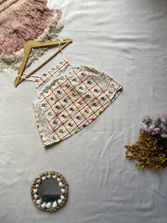 Embroidered Sleeveless Cotton Crop Top with Lace Detailing