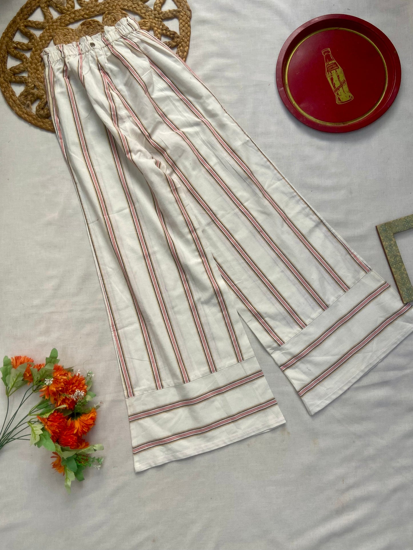 Women’s White Striped Wide Leg Pants with Elastic Waist