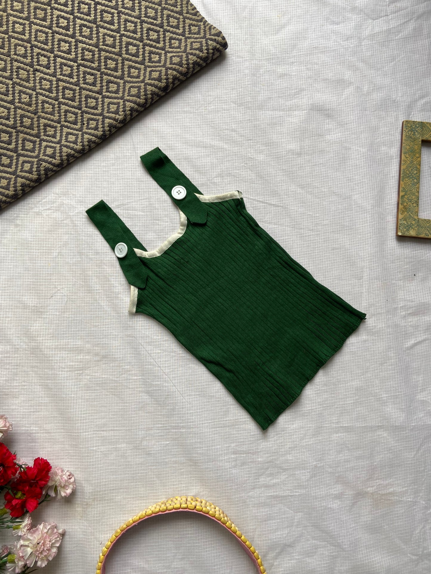 Green Ribbed Knit Tank Top with Button Straps