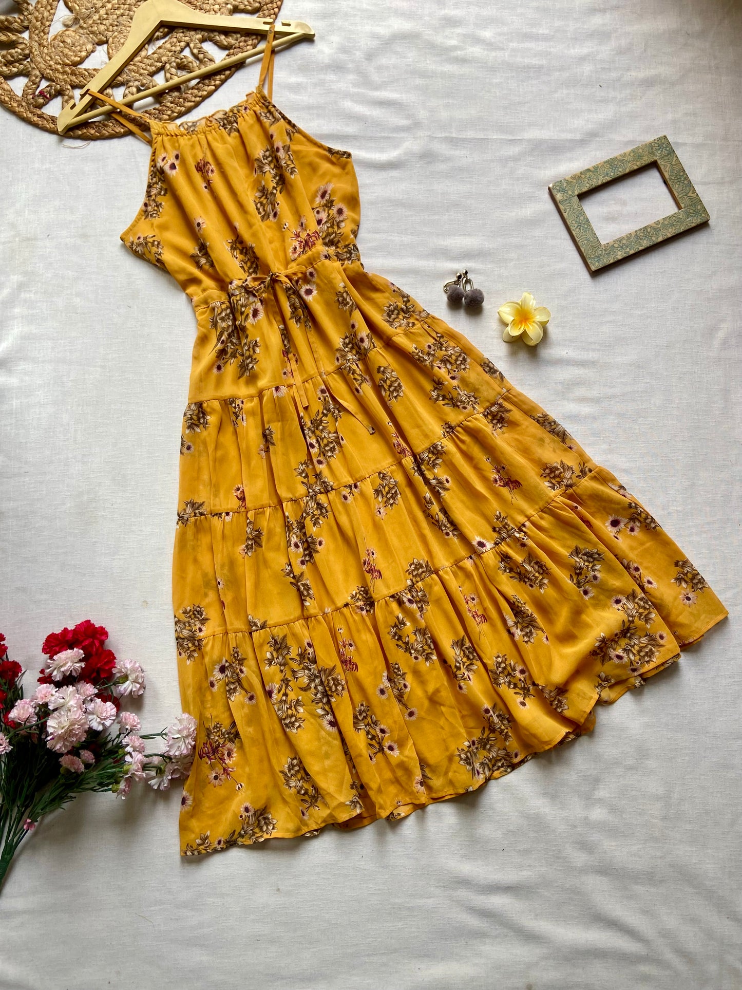 Yellow Floral Tiered Midi Dress