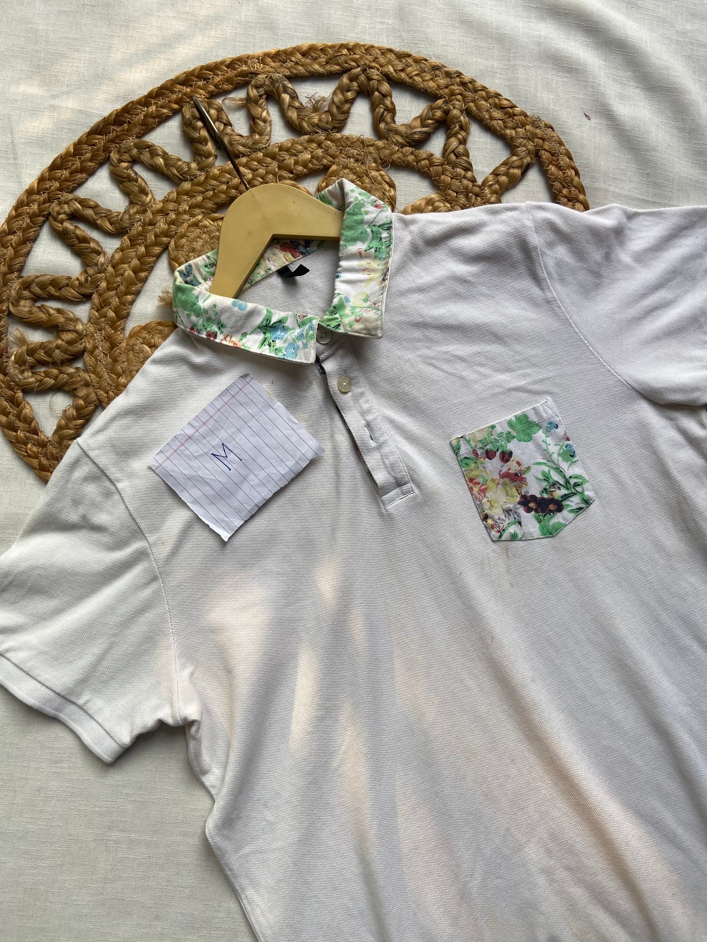 Men's White Polo T-Shirt with Floral Collar & Pocket
