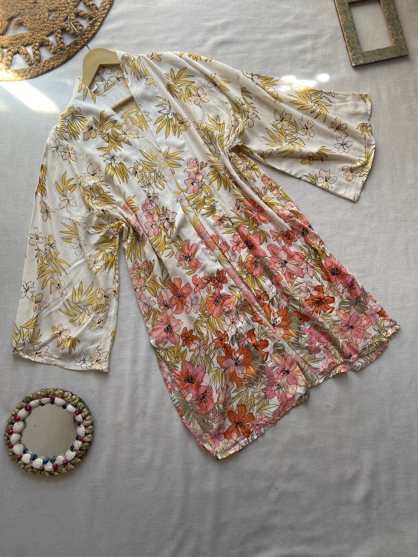 Beige Floral Long Beach Shrug