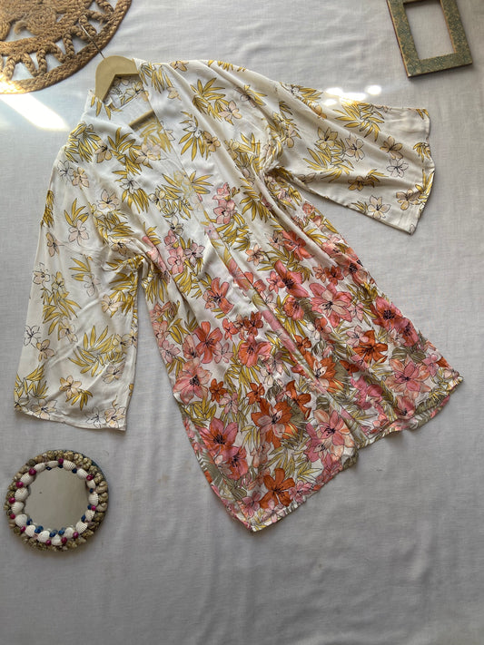 Beige Floral Long Beach Shrug