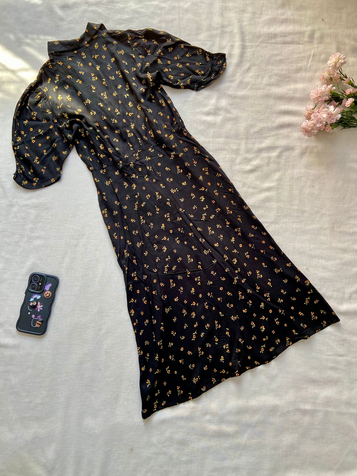 Black Floral Button-Front Midi Dress with Puff Sleeves