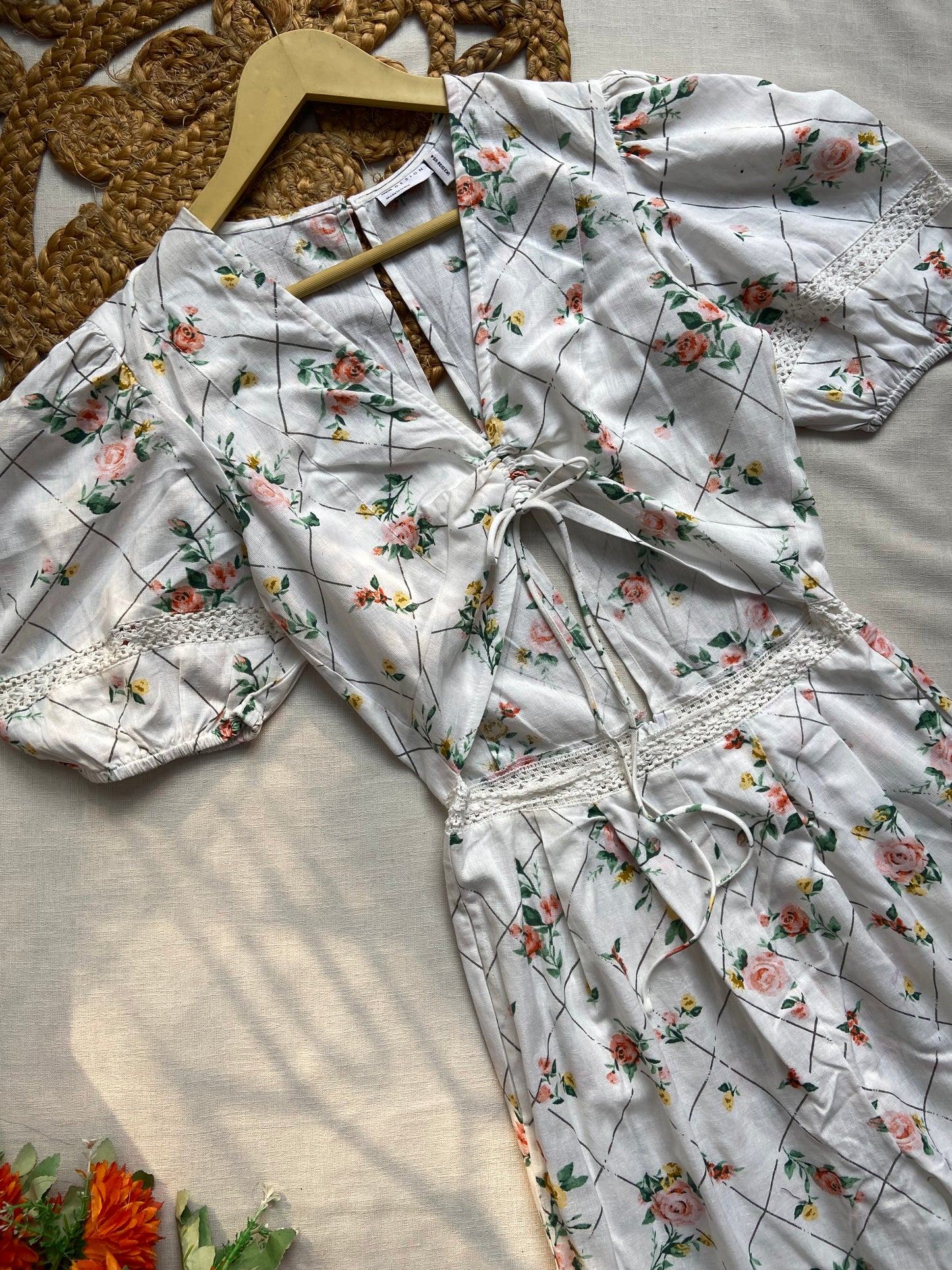 Women’s White Floral Printed Jumpsuit with Puff Sleeves