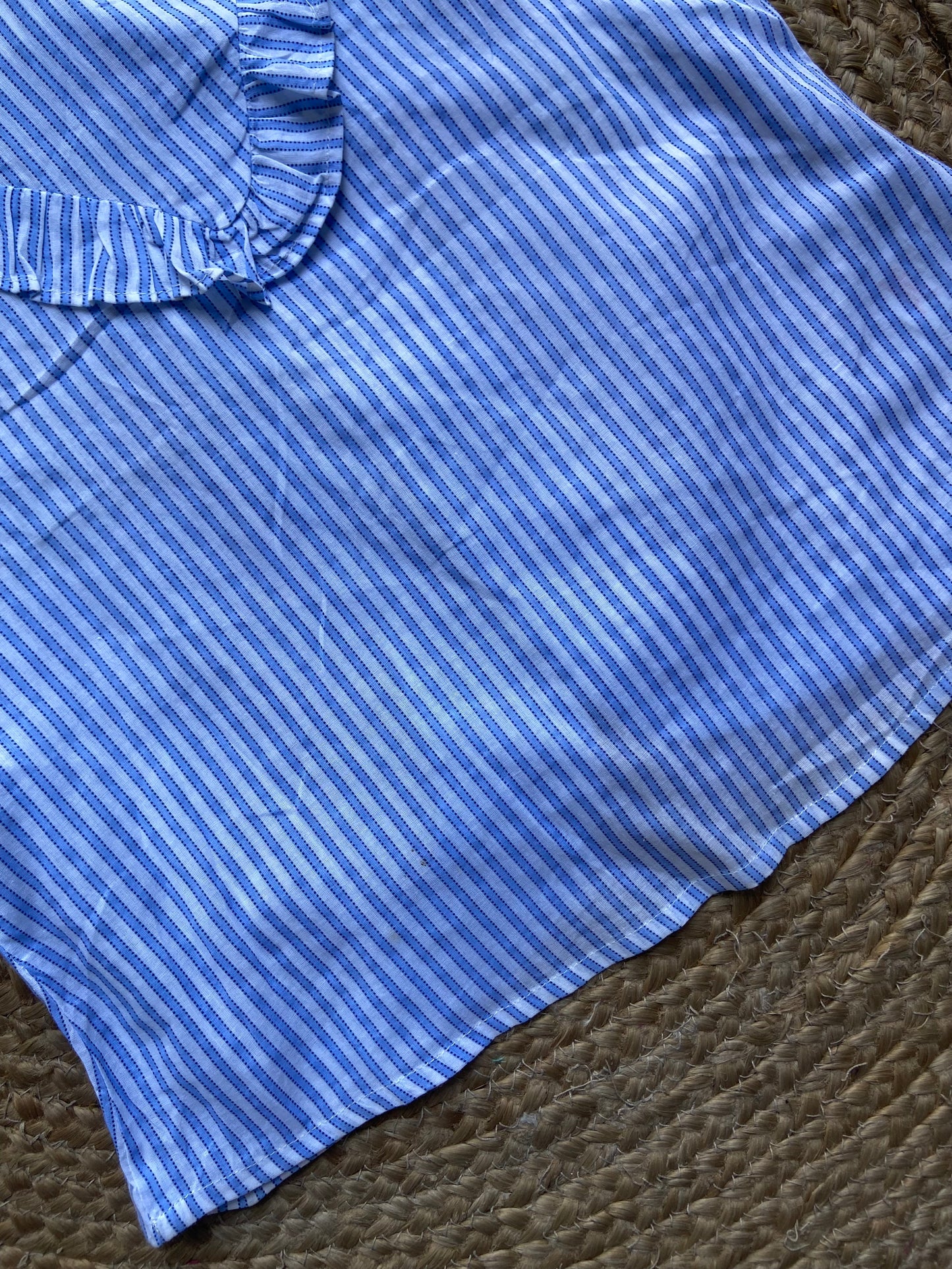 Girls' Blue Striped Sleeveless Cotton Top – Embroidered Floral Detail with Ruffle Neck