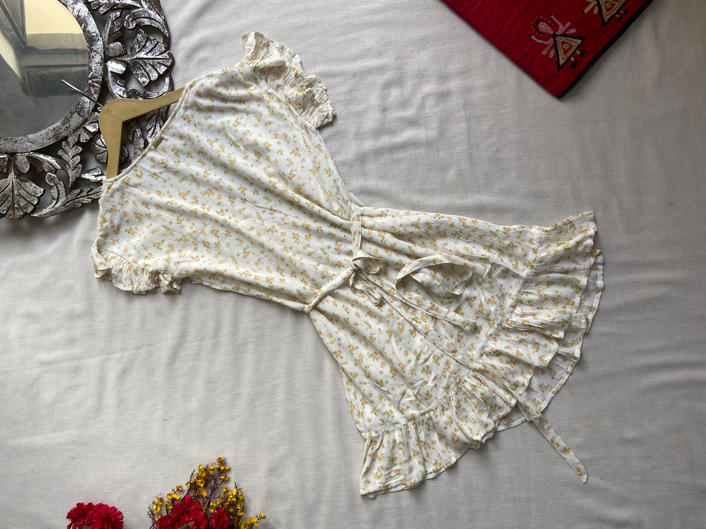 White Floral Wrap Mini Dress