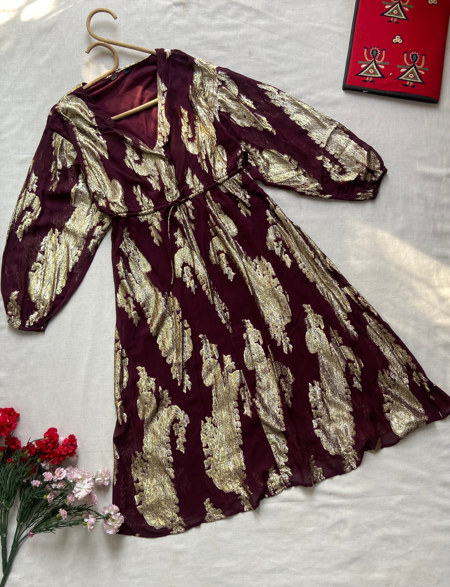 Maroon & Gold Foil Print Flared Dress