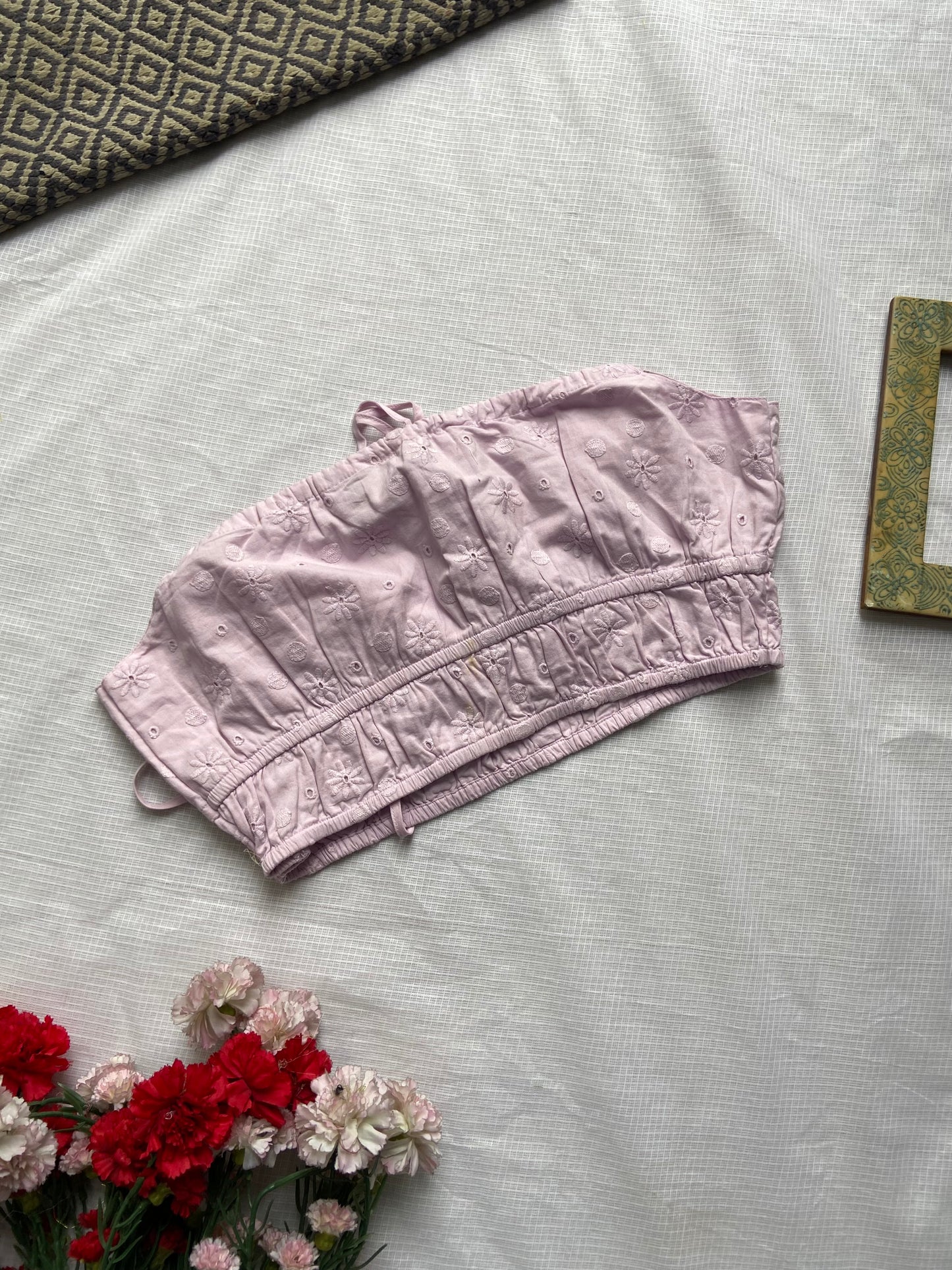 Elegant Pink Embroidered Crop Top with Tie Straps