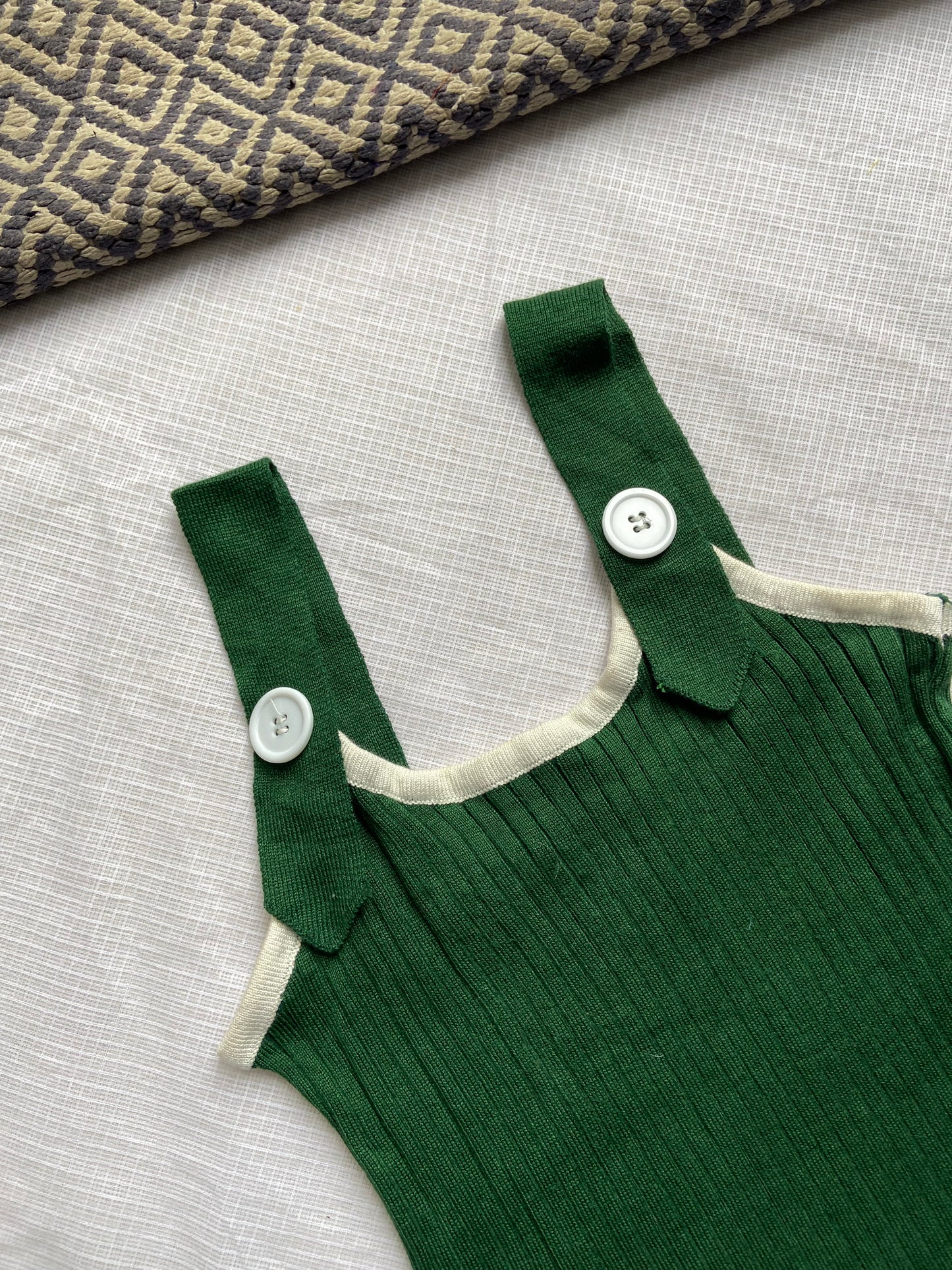 Green Ribbed Knit Tank Top with Button Straps