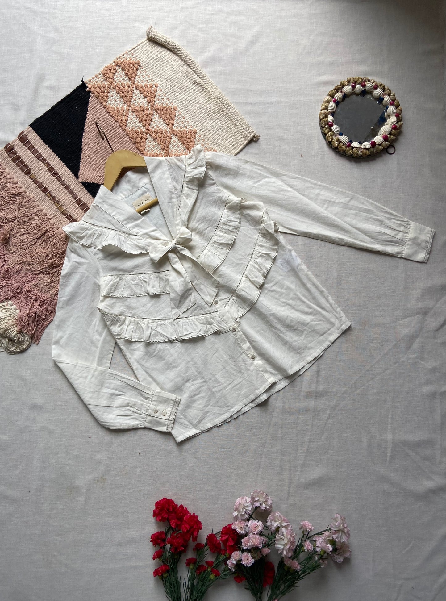 White Ruffled Long Sleeve Shirt with Bow Tie Neck