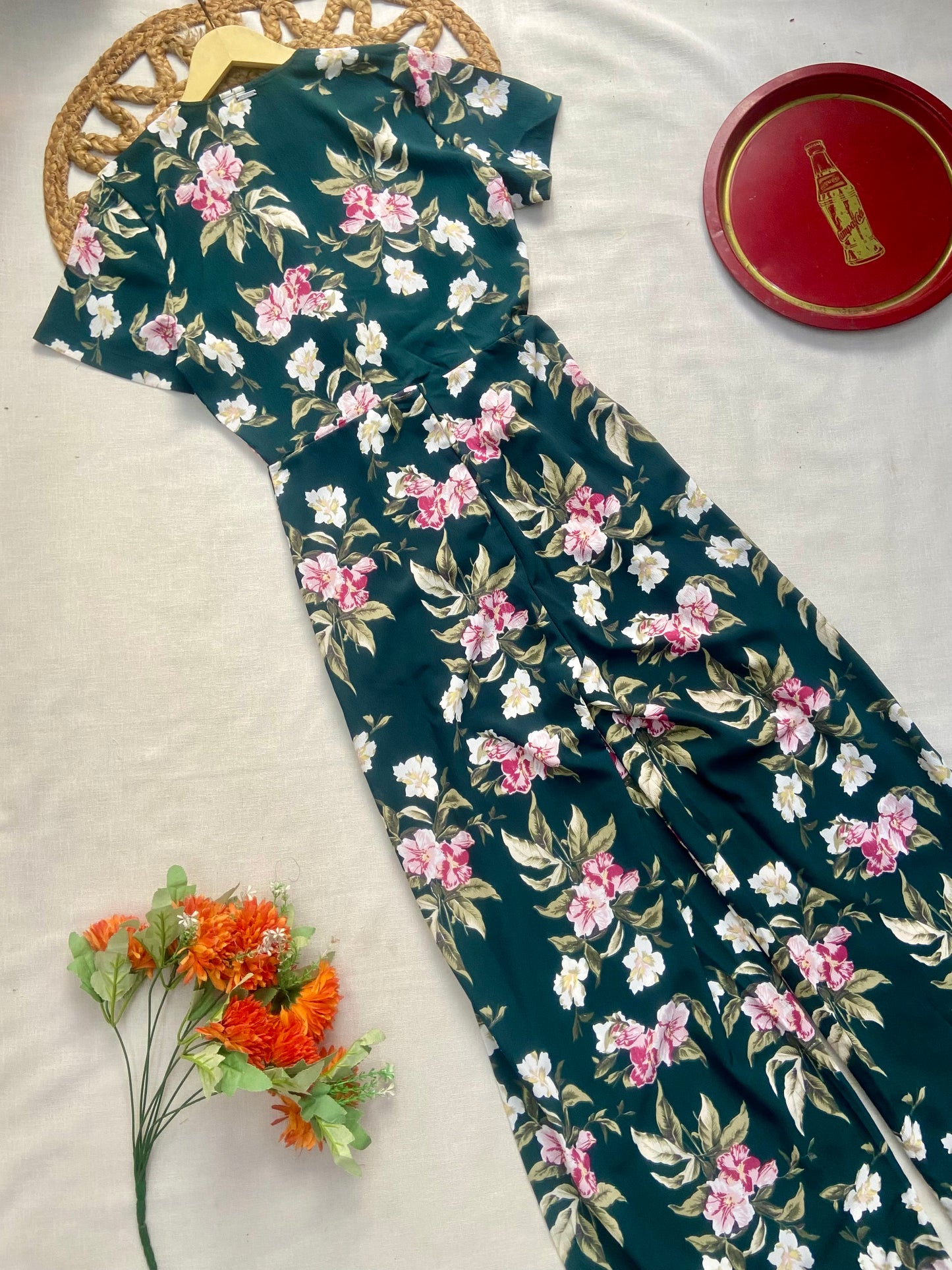 Women’s Green Floral Printed Jumpsuit with Short Sleeves