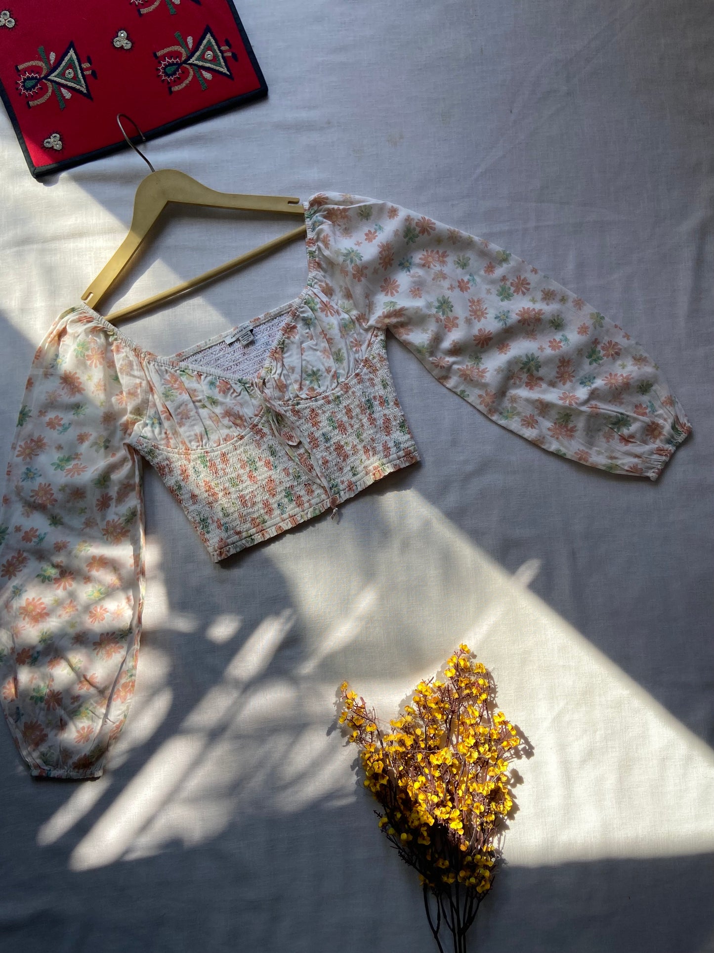 Floral Smocked Crop Top with Puff Sleeves