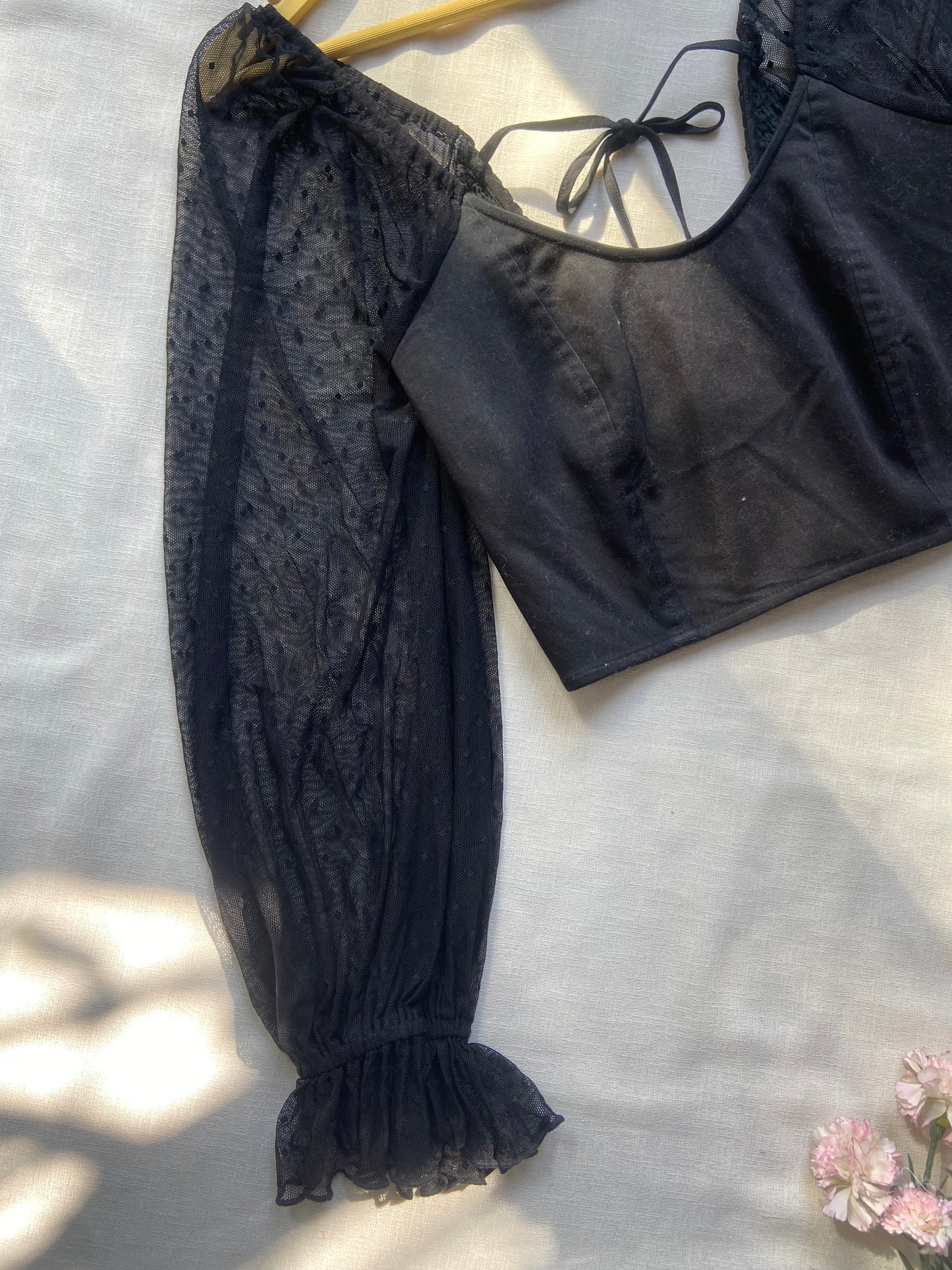 Women's Black Sheer Puff Sleeve Crop Top