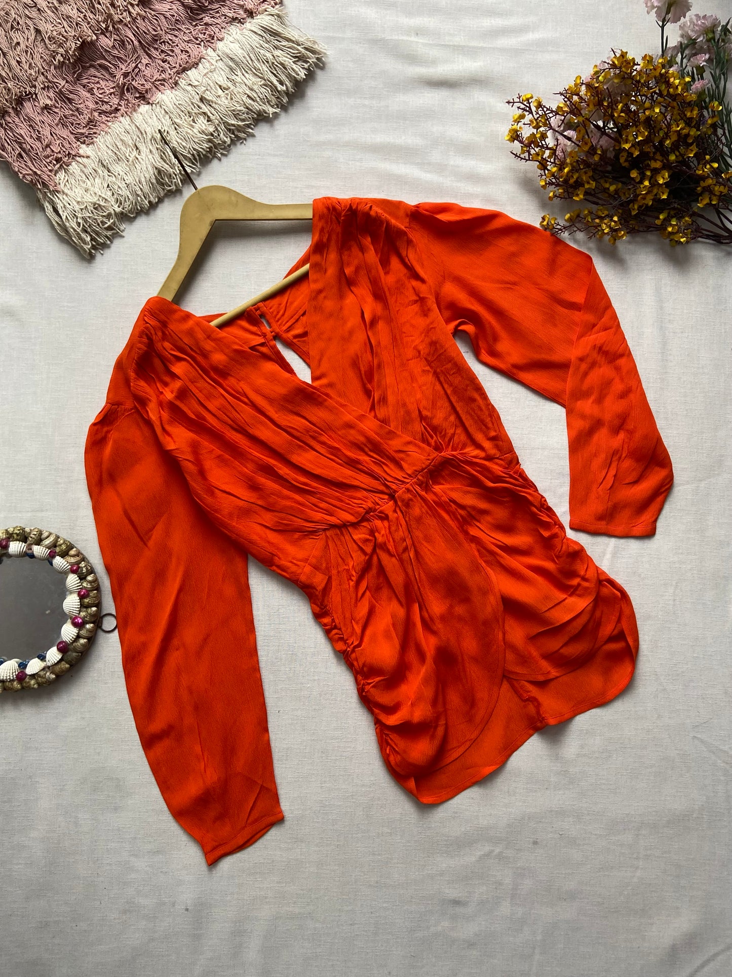 Bright Orange Draped Satin Blouse with Long Sleeves