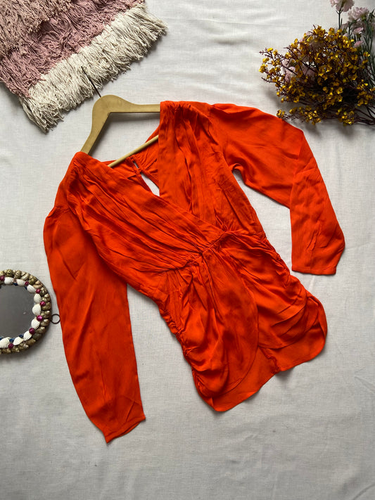 Bright Orange Draped Satin Blouse with Long Sleeves