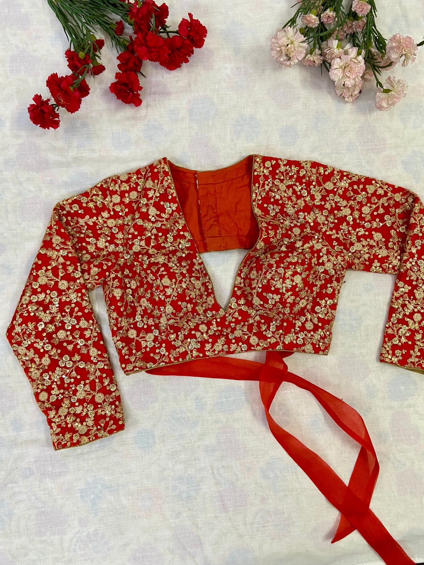 V neck semi backless full sleeve blouse