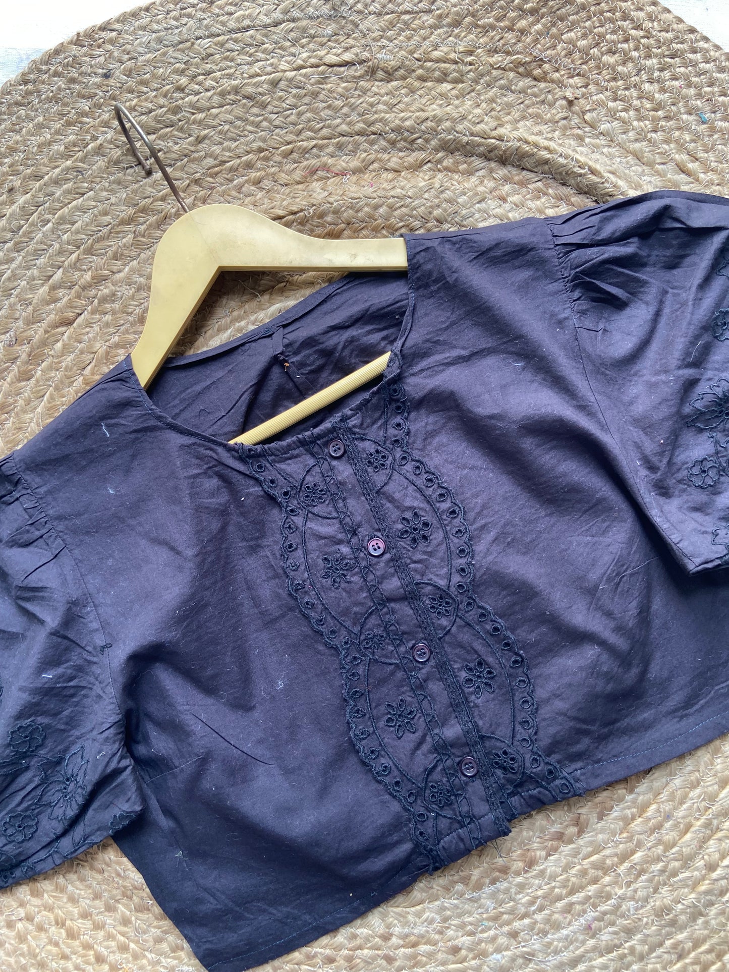 Black Puff Sleeve Cotton Crop Top with Embroidery