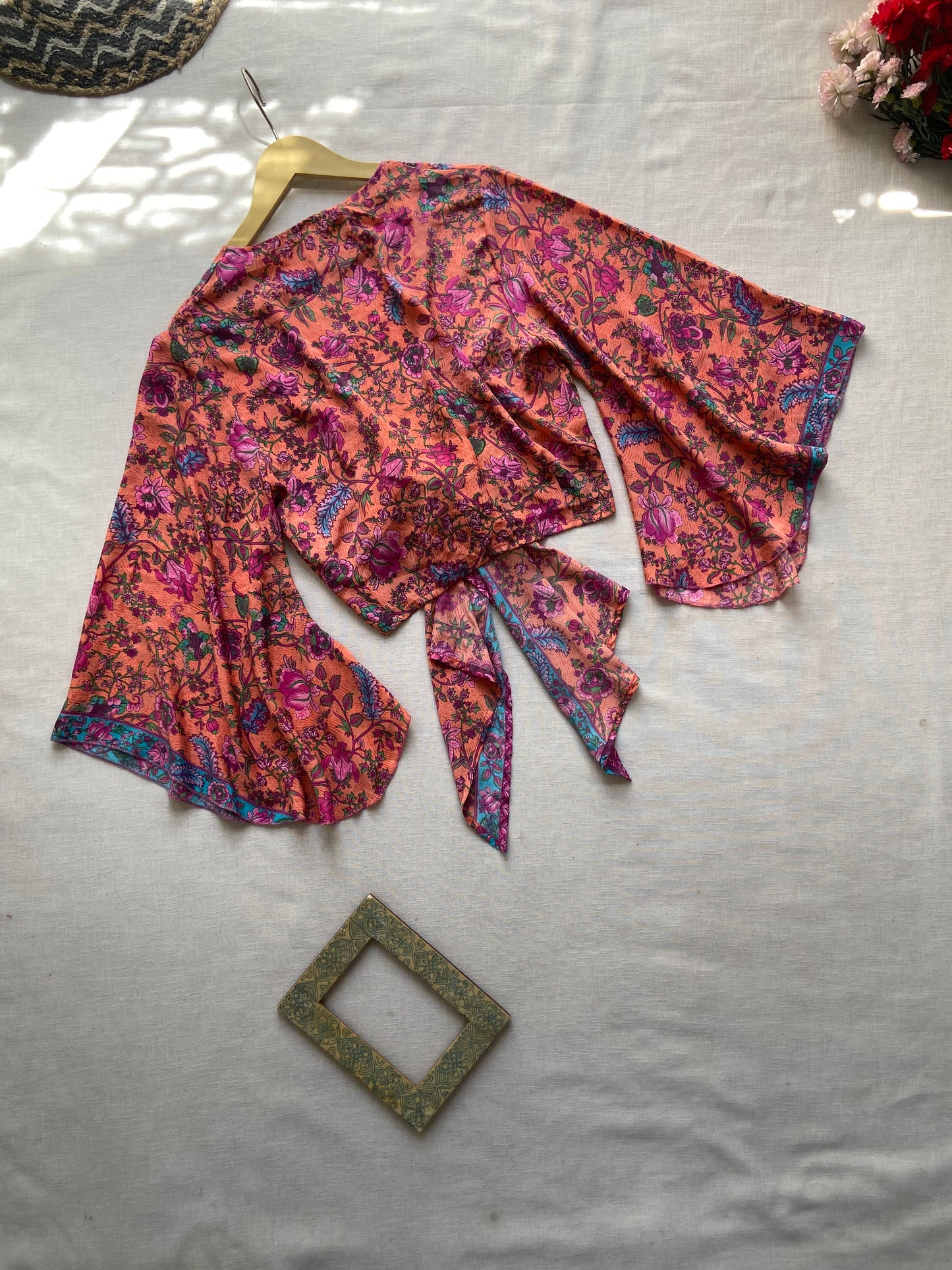 Bohemian Floral Tie-Front Crop Top with Flared Sleeves