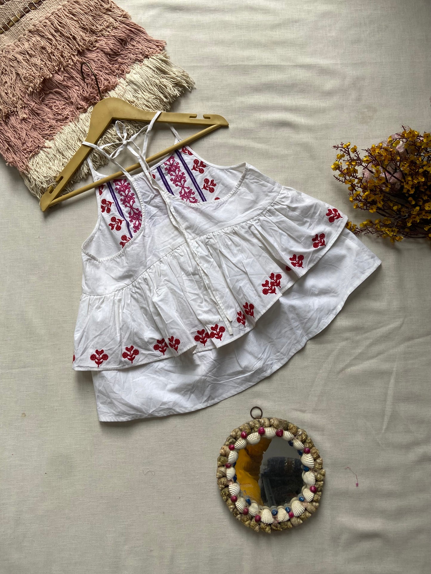 White Sleeveless Tiered Top with Red Embroidery