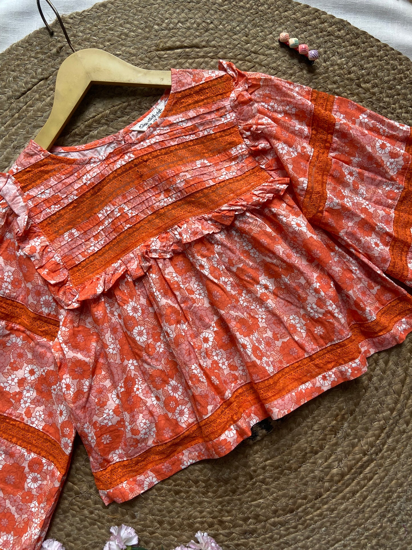 Women's Boho Floral Print Top with Puff Sleeves and Frill Detail – Casual Ethnic Style