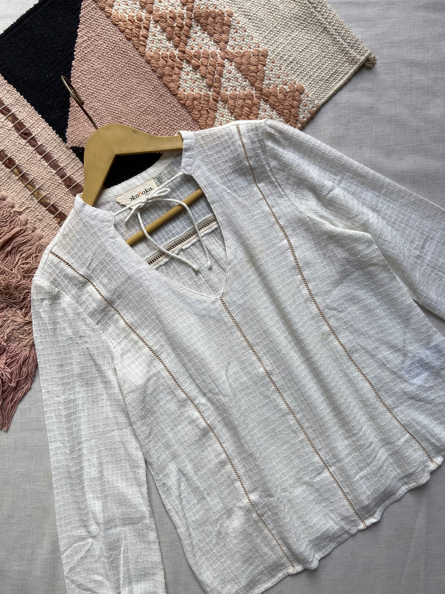 White Textured Cotton Blend Top with Pintuck Detail & Long Sleeves