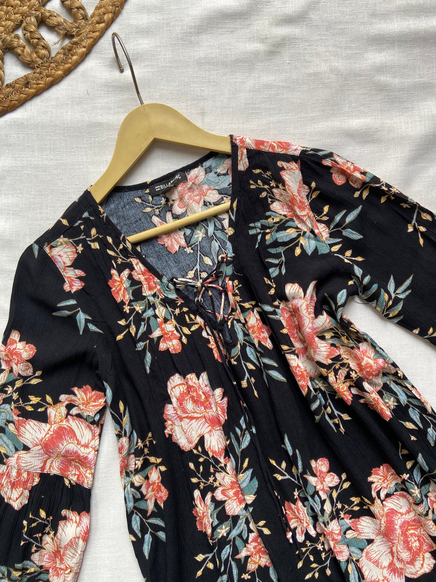 Floral Print Black A-Line Dress with Long Sleeves