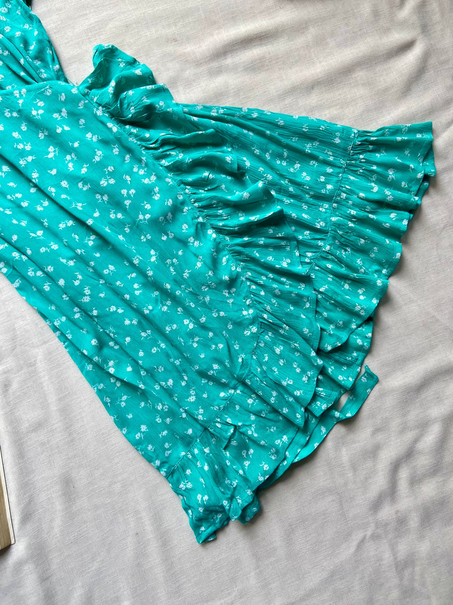 Teal Floral Ruffle Wrap Dress