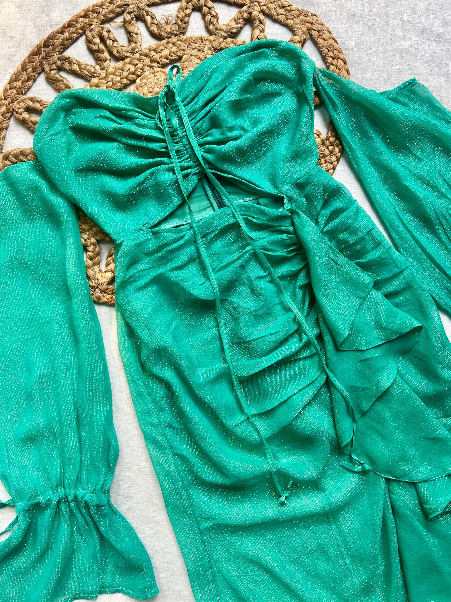 Women’s Green Satin Bodycon Maxi Dress with Ruffle Detail