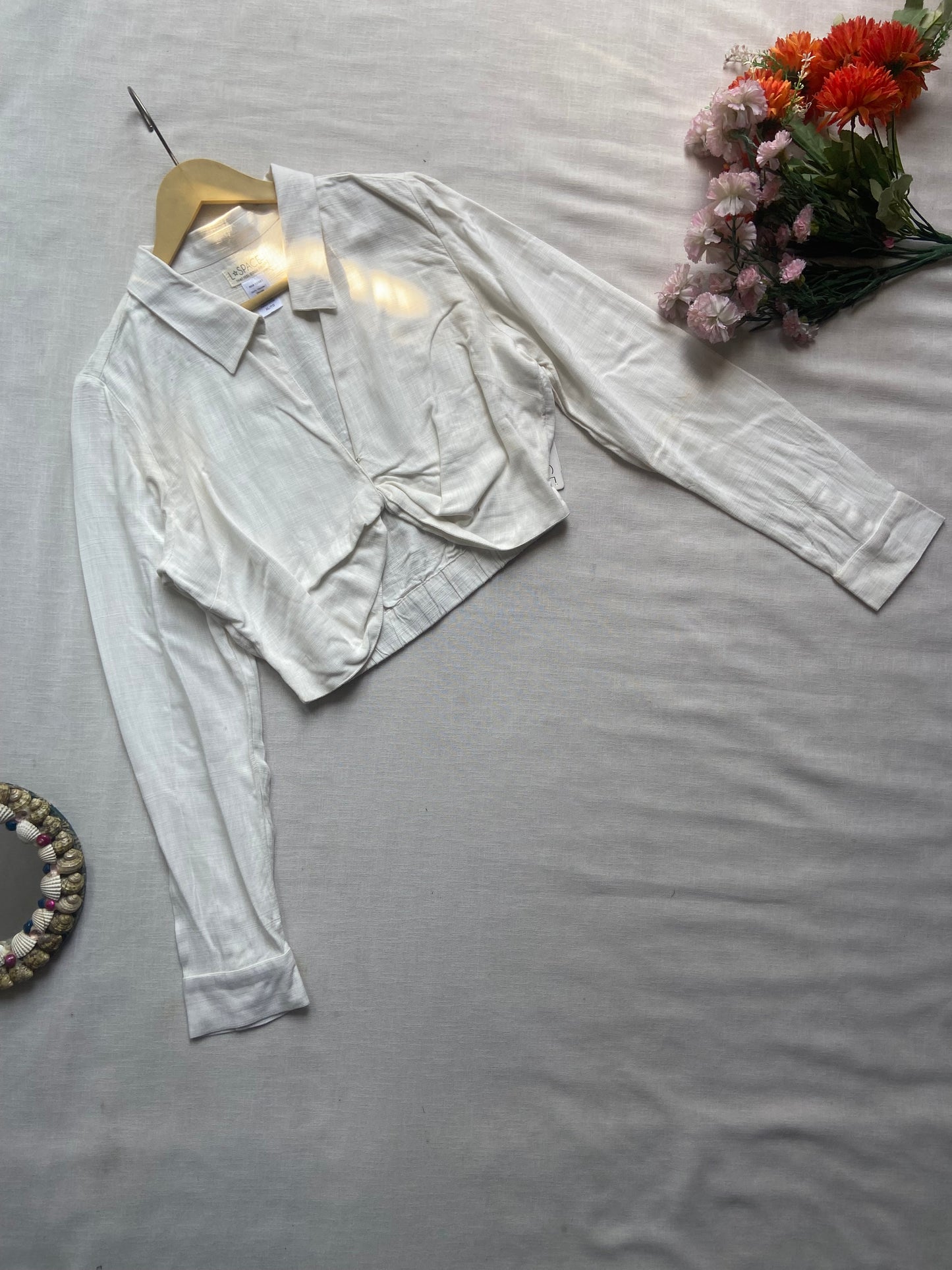 White Collared Twist-Front Crop Shirt