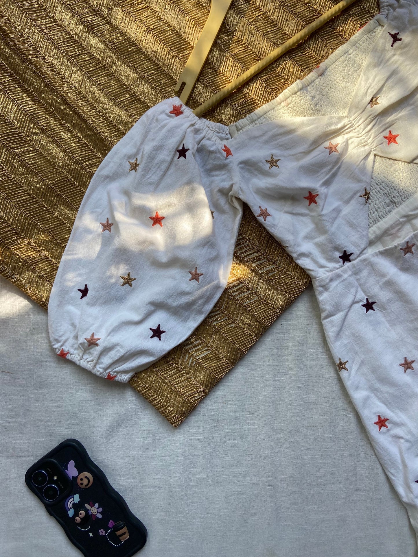 White Puff Sleeve Dress with Star Embroidery