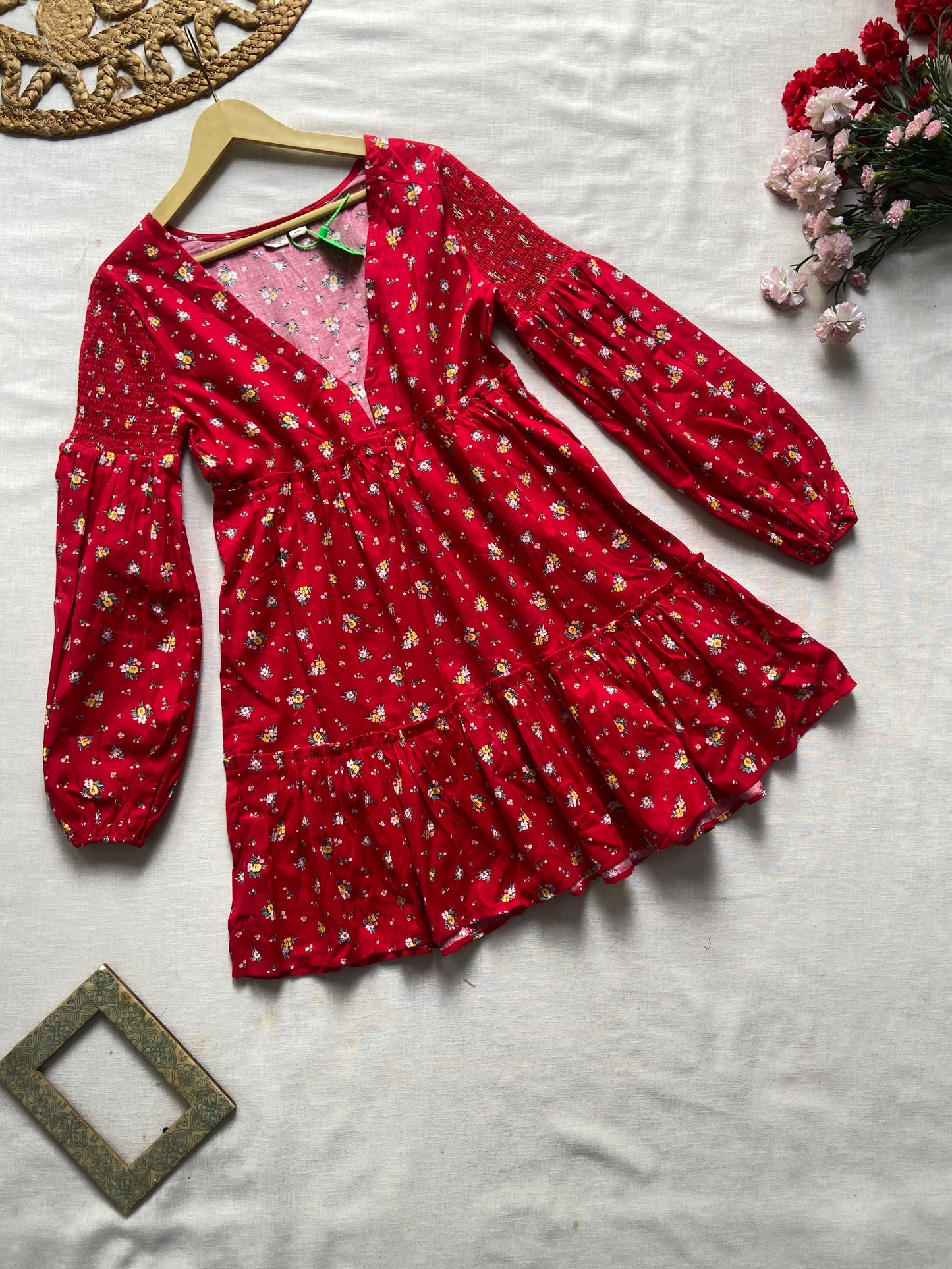 Red Floral V Neck Tiered Midi Dress