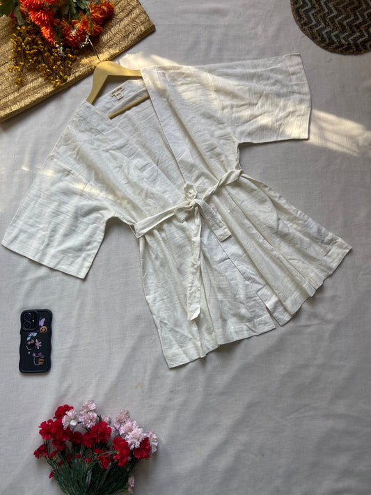 Women's White Cotton Kimono Shrug with Waist Tie