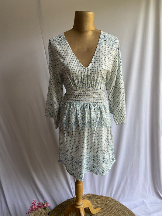 Boho-Inspired Printed V-Neck Dress with Smocked Waist and Flowy Sleeves