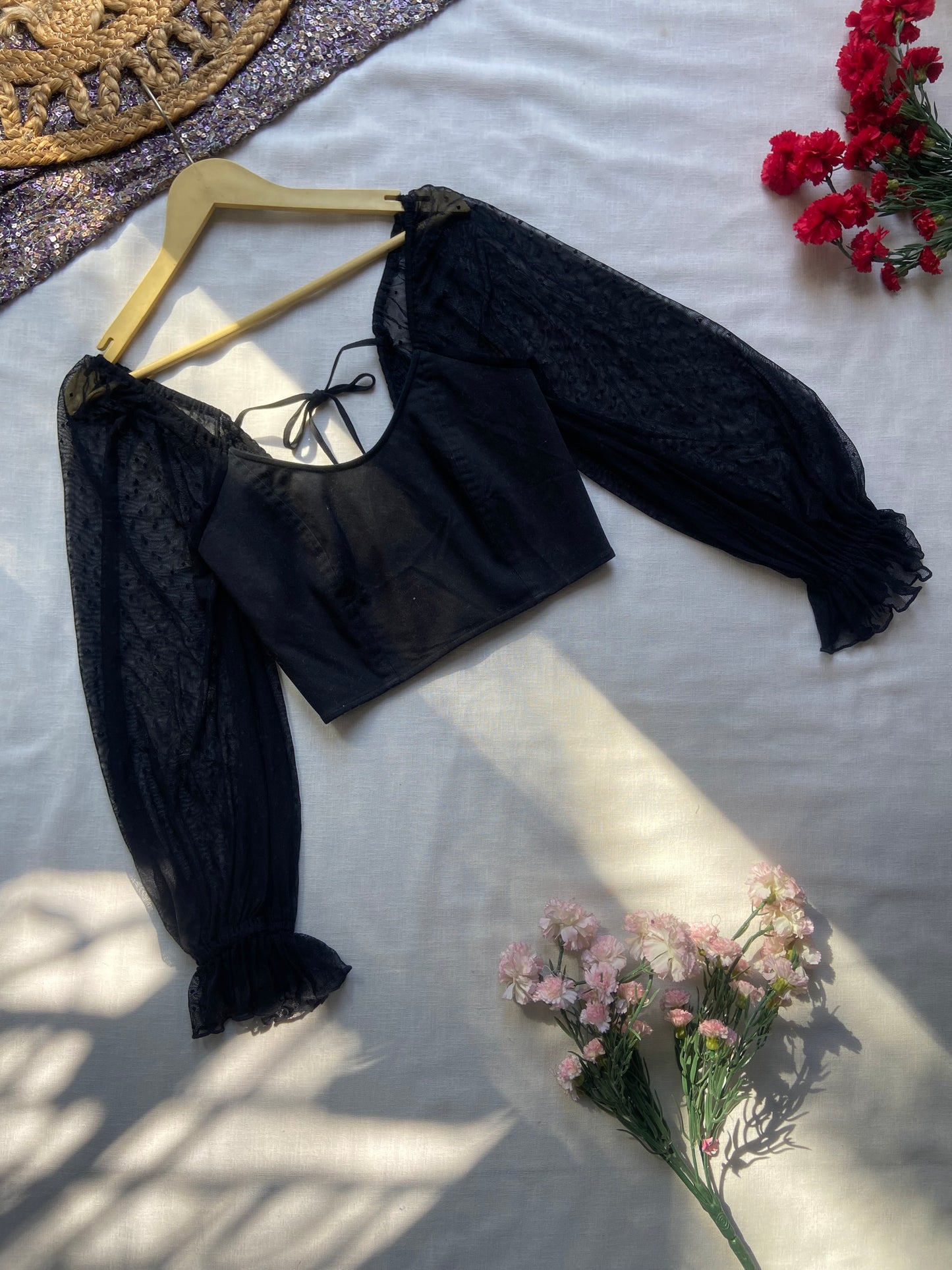 Women's Black Sheer Puff Sleeve Crop Top