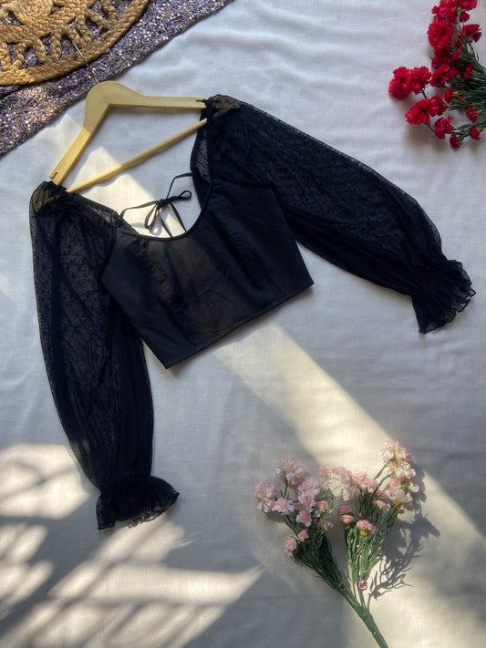 Women's Black Sheer Puff Sleeve Crop Top