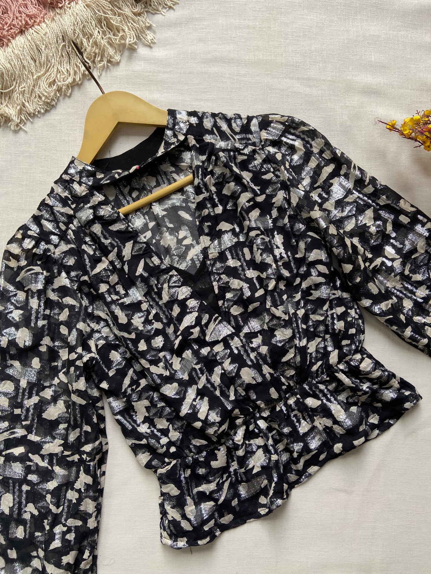 Elegant Black and Silver Printed Sheer Blouse
