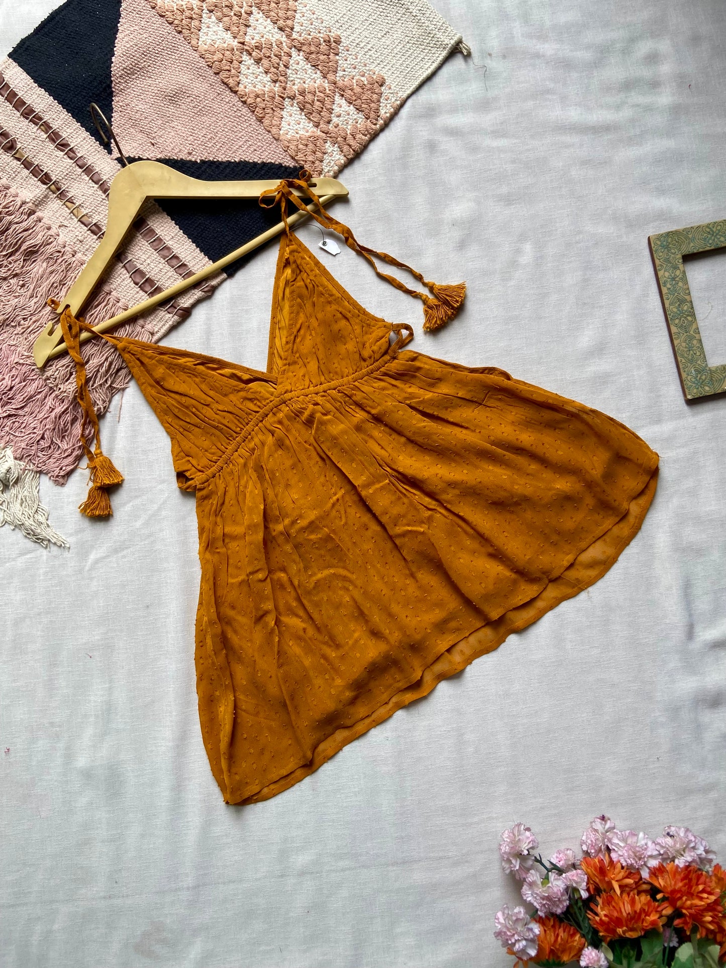 Mustard Yellow Tassel Tie-Up Boho Top