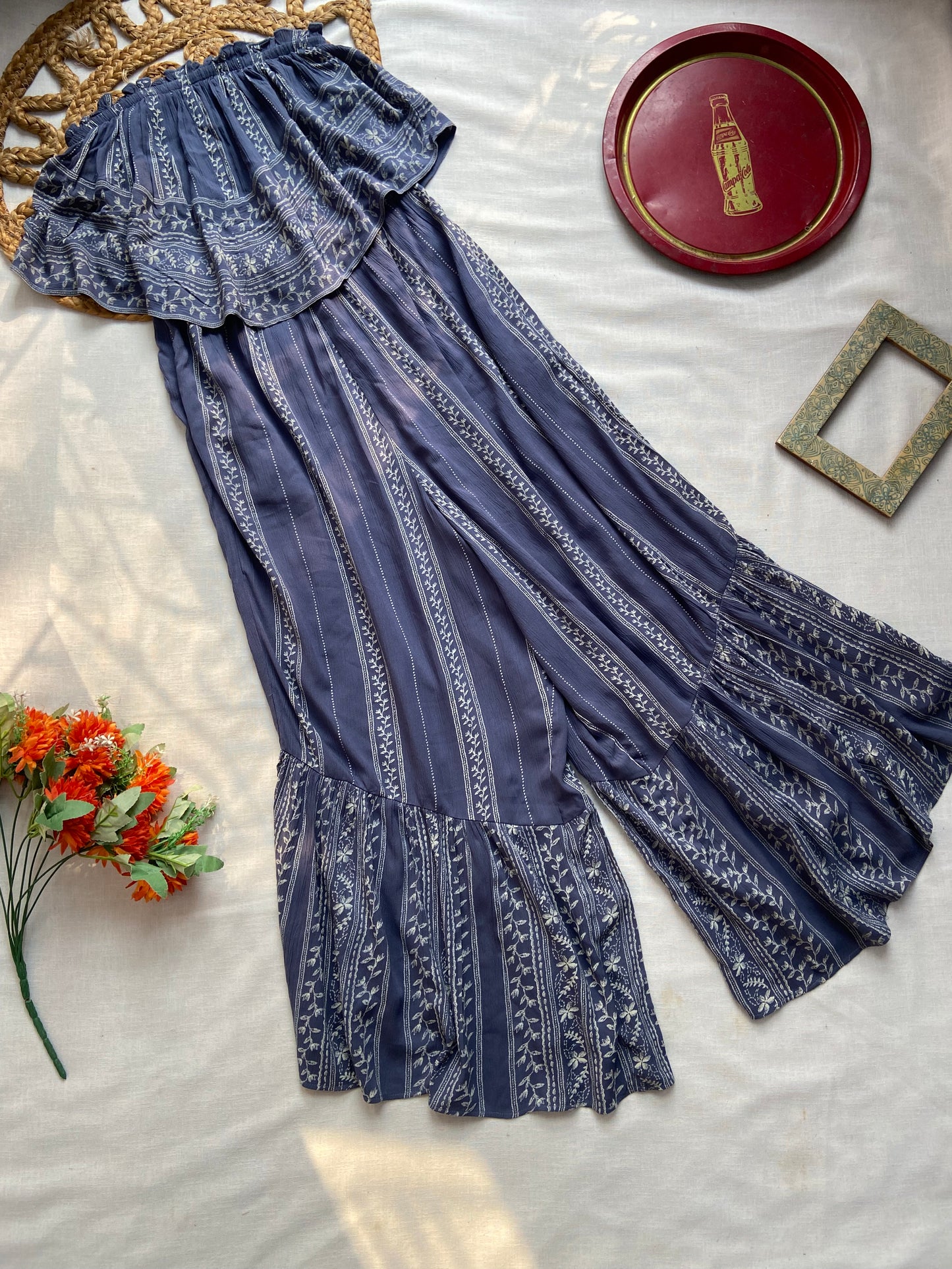 Women’s Blue Off Shoulder Printed Flared Jumpsuit