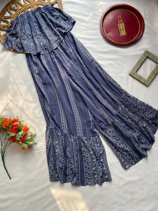 Women’s Blue Off Shoulder Printed Flared Jumpsuit