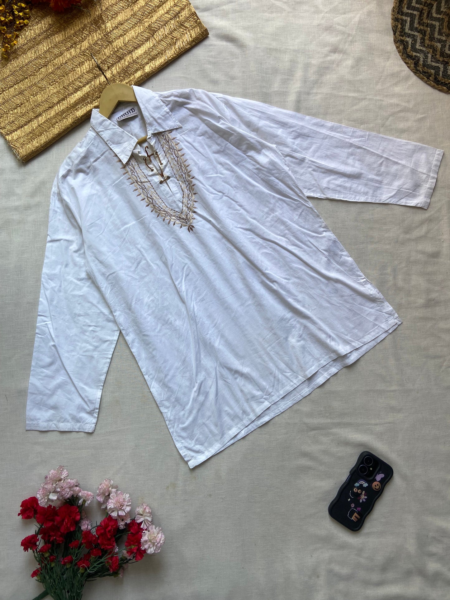 Men's White Embroidered Kurta with Collar