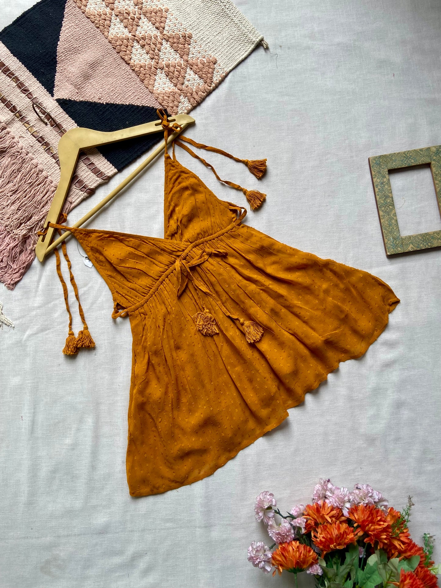 Mustard Yellow Tassel Tie-Up Boho Top