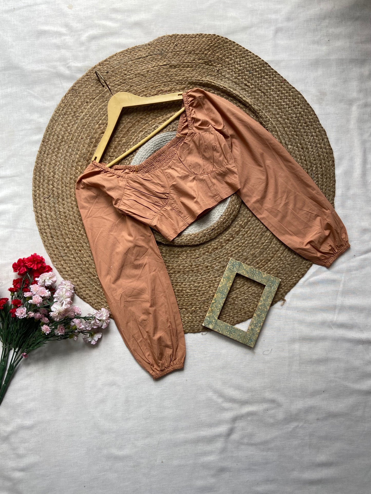 Women's Peach Puff Sleeve Crop Top – Boho Chic Style