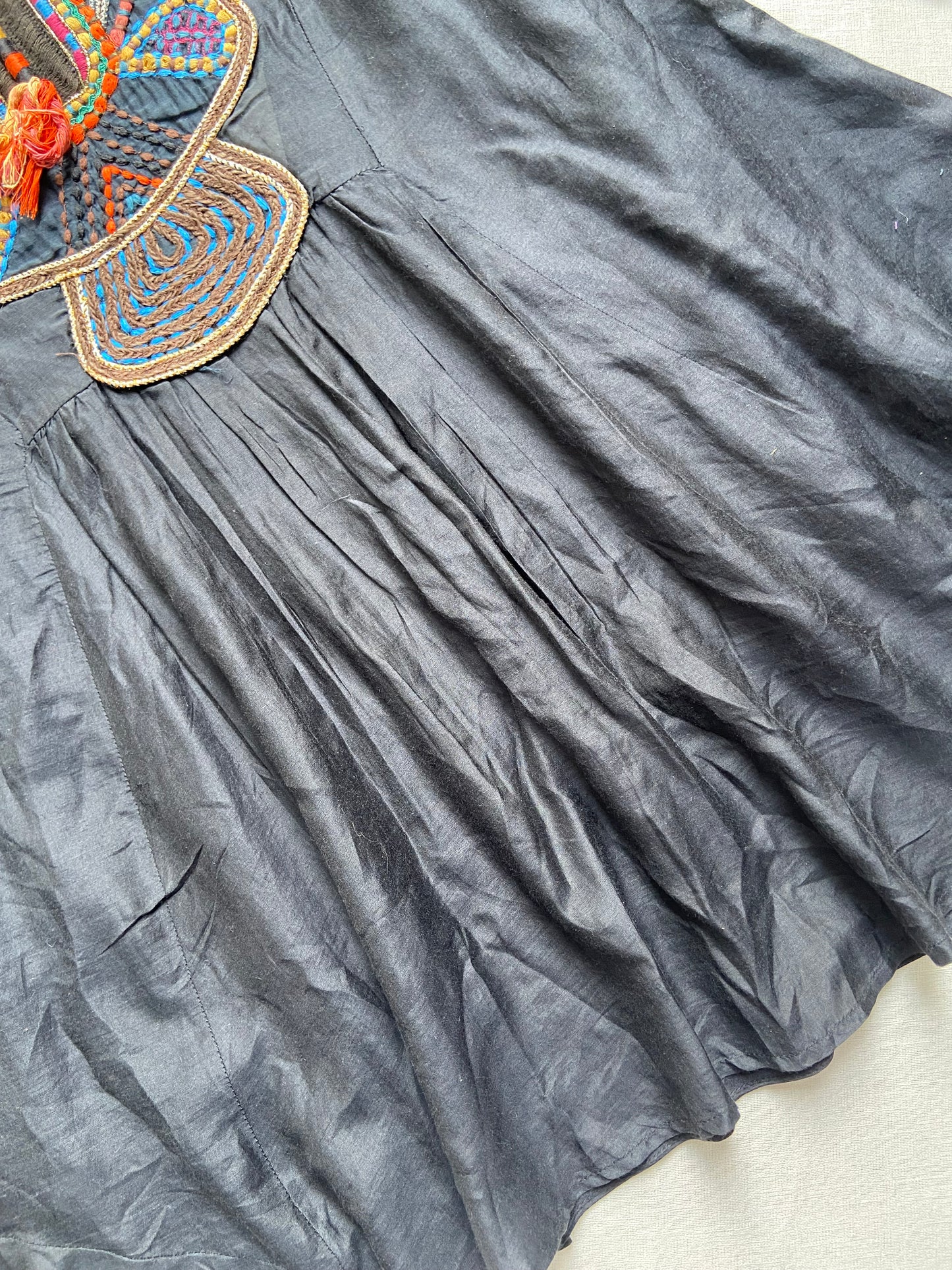 Women's Black Flared Tunic Top with Colorful Embroidery – Boho Ethnic Style