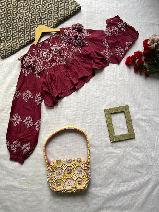 Maroon Embroidered Peplum Co-ord Set with Ruffle Detail