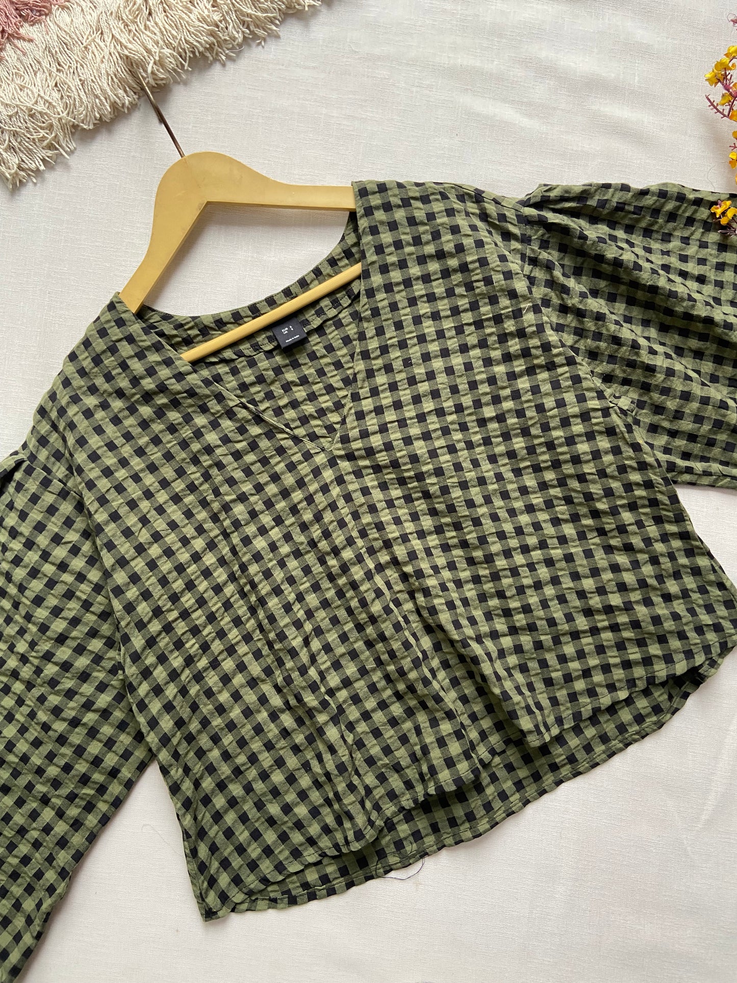 Olive Green Gingham Check Top with Flared Sleeves
