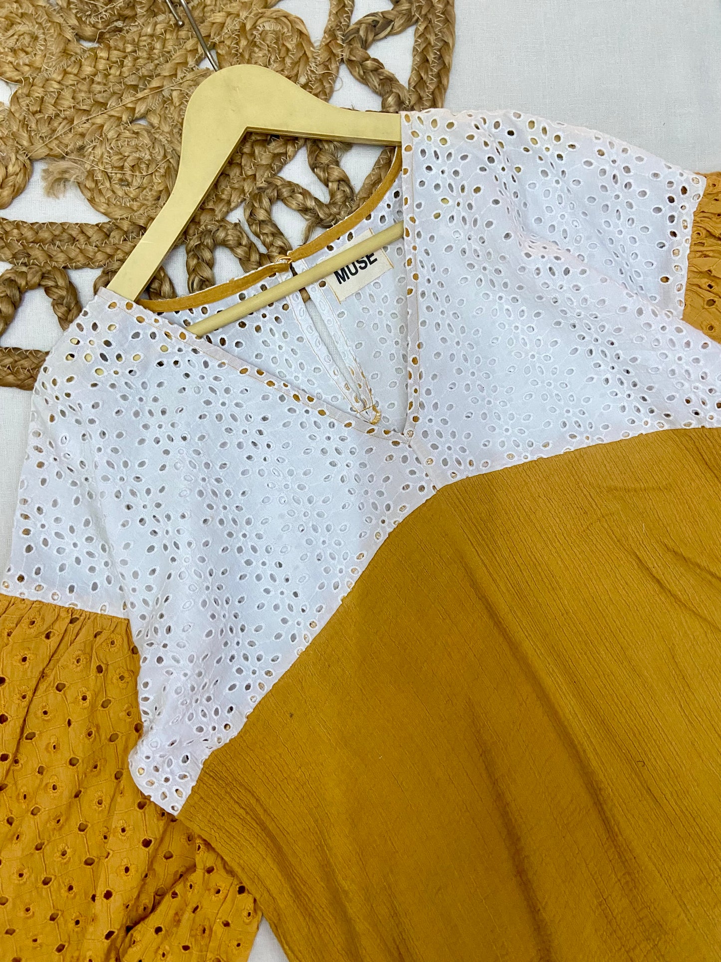 Women’s Mustard Yellow & White Cotton Top with Puff Sleeves