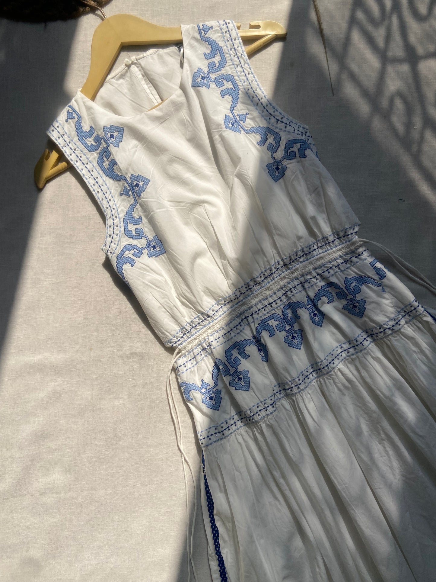 Elegant White Maxi Dress with Blue Embroidery